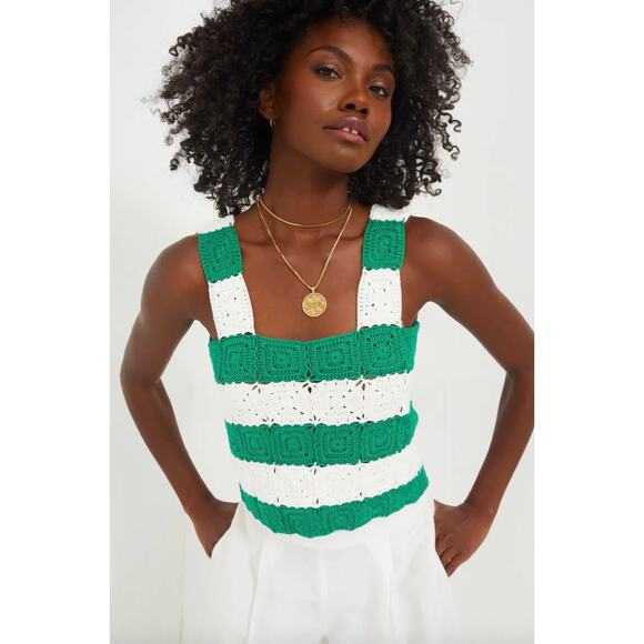 NWT Hyacinth House Green and White Crochet Cooper Boho Square Neck Crop Tank XL - Picture 1 of 7